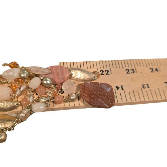Chico's Statement Necklace Long Tassel Pendant Gold Tone Mixed Bead Peach Coral - Picture 9 of 12